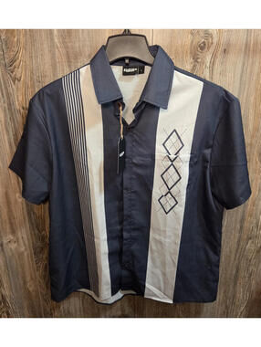 Eleven Oasis Button "Bowling" S/S Shirt Men Size Large Grey Diamond Retro {NWT}